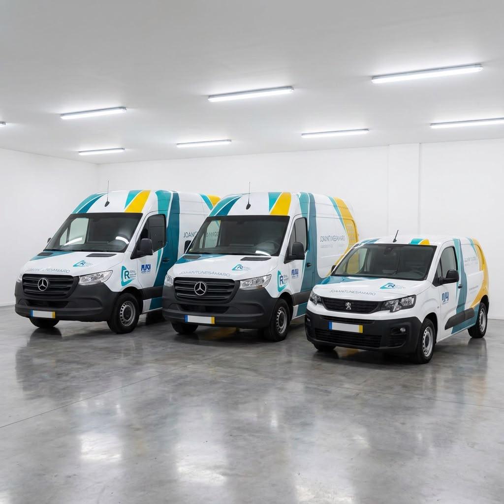 Frota de entrega JoãoAntunesAmaro - três carrinhas com branding nas cores da marca