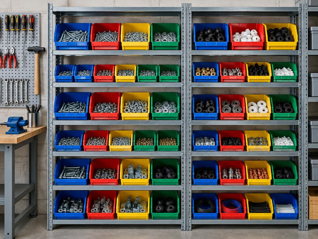Estantes com caixas SUC coloridas numa oficina